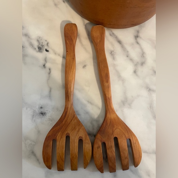3pc Wood Salad Bowl Set with Utensils Large Round Serving Bowl Natural Brown - Picture 6 of 9